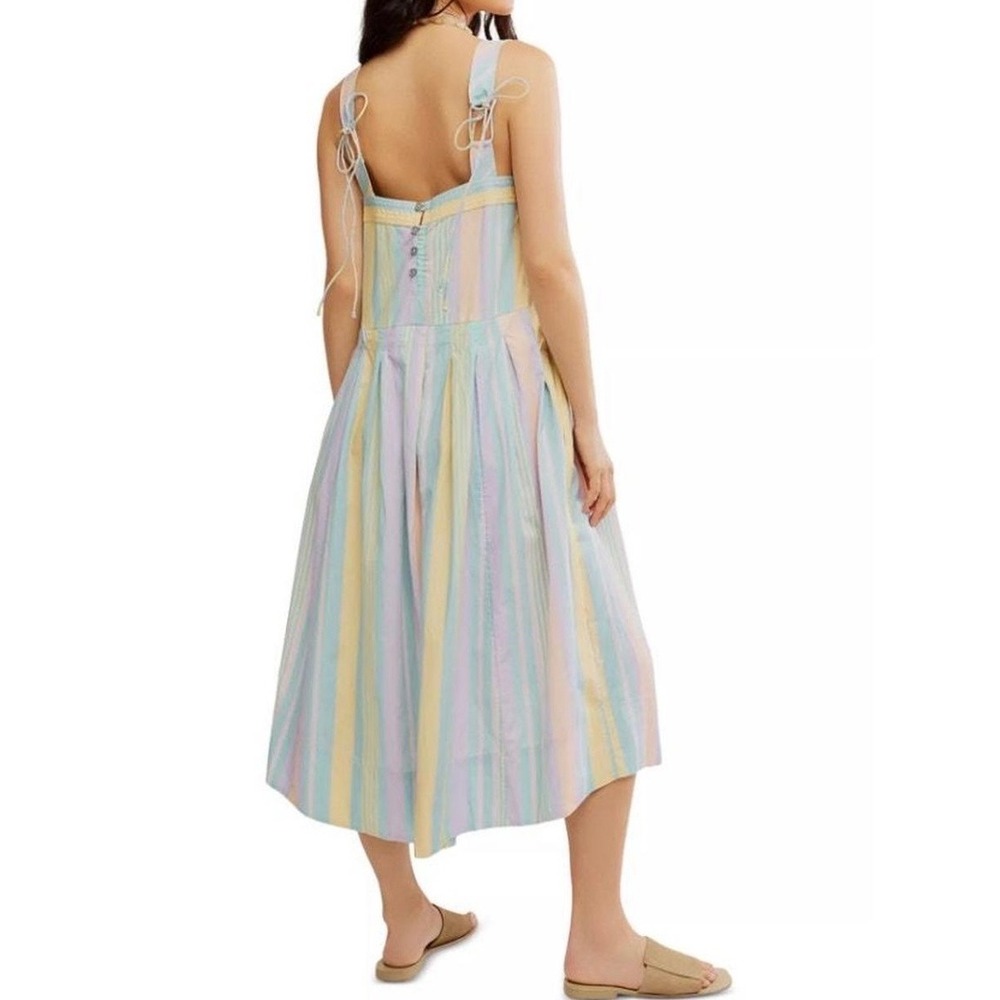 Free People Pastel Stripe Cotton Midi Dress Sleeveless Tie Back OB2142447 L NEW - Picture 2 of 10
